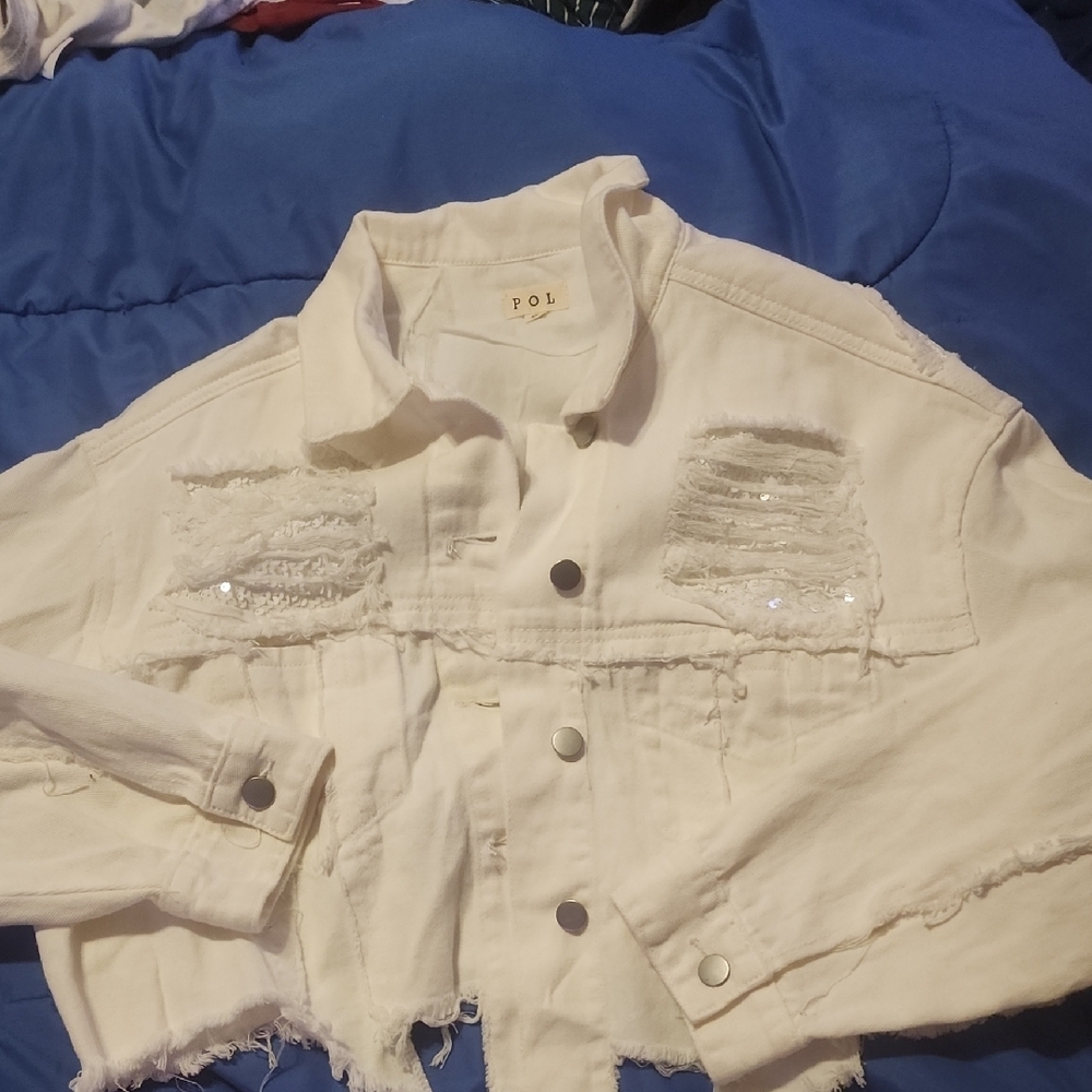 POL White Distressed Denim Jacket